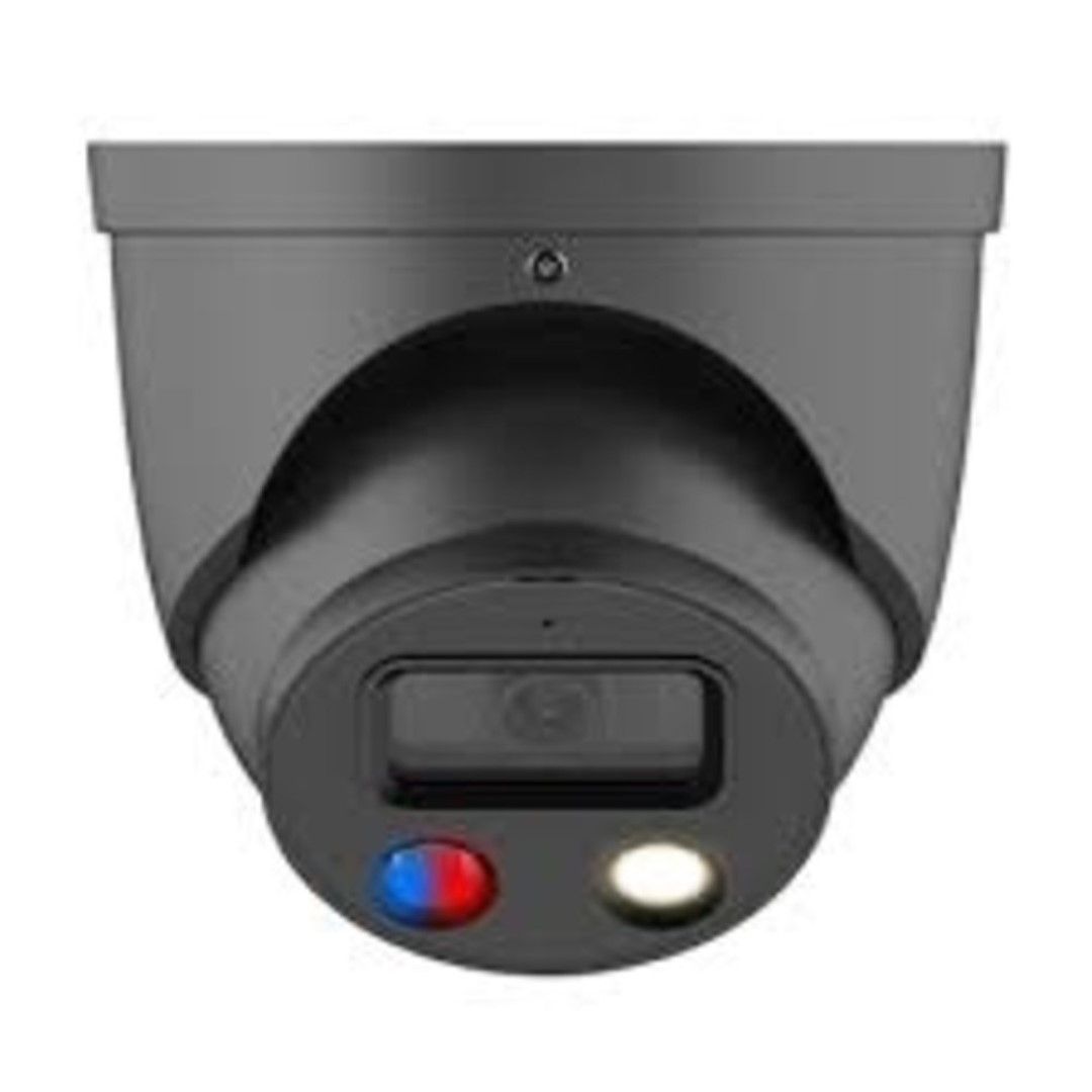Zwarte Dahua 5MP dome beveiligingscamera met ingebouwde LED-verlichting en rood-blauw waarschuwingslicht.