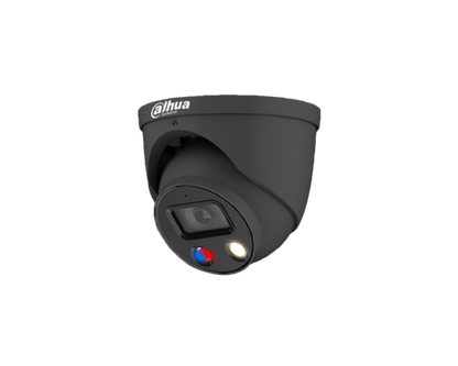 Zwarte Dahua 5MP dome beveiligingscamera met ingebouwde LED-verlichting en rood-blauw waarschuwingslicht.