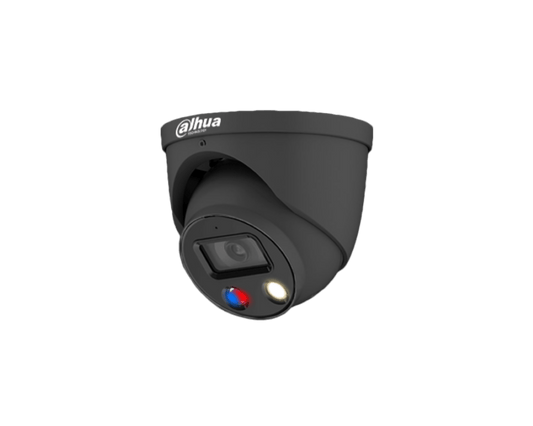 Zwarte Dahua 5MP dome beveiligingscamera met ingebouwde LED-verlichting en rood-blauw waarschuwingslicht.
