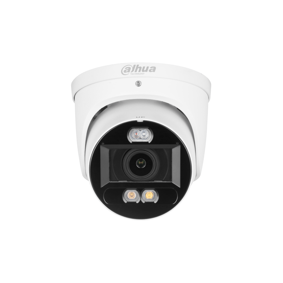 Witte Dahua WizSense 5MP domecamera met ingebouwde LED-verlichting en zwarte lensmodule voor buitenbeveiliging.