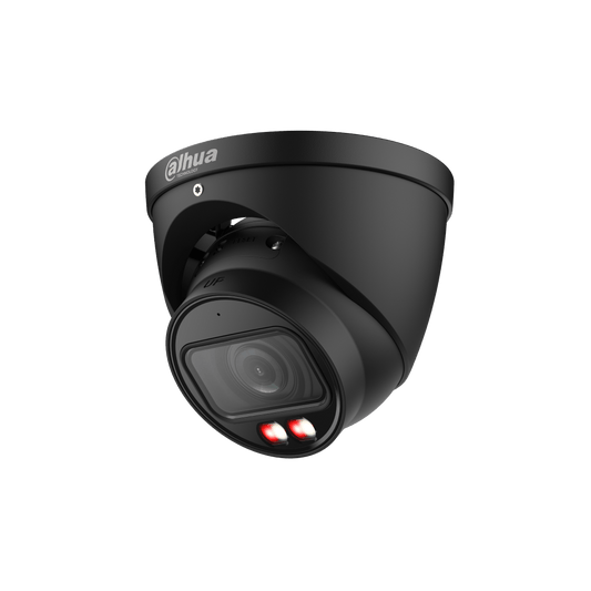 Zwarte Dahua IPC-HDW3649T-ZS-IL dome beveiligingscamera met 2.7-13.5mm lens en ingebouwde dual-light verlichting.