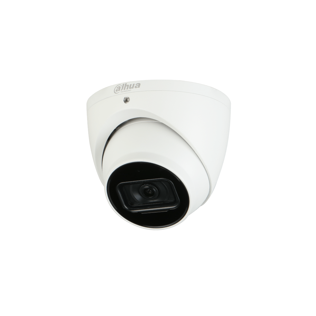Witte Dahua 8MP dome beveiligingscamera met zwarte lens en compacte behuizing voor wand- of plafondmontage.