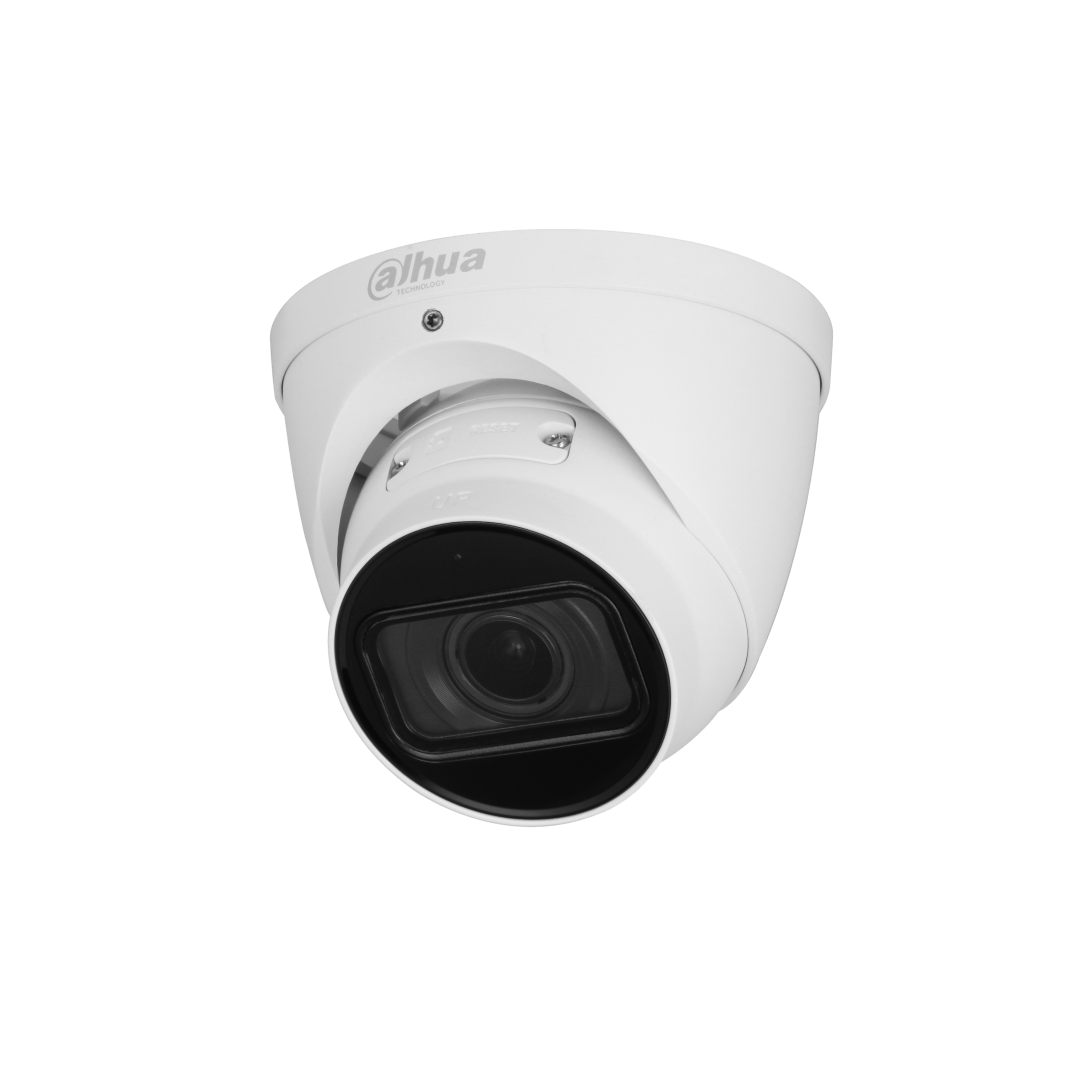 Witte Dahua IPC-HDW3841T-ZS-S2 8MP dome beveiligingscamera met zwarte lens en IR-LED voor buitenmontage.