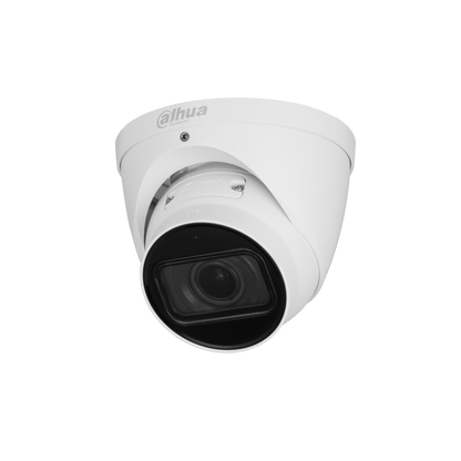 Witte Dahua IPC-HDW3841T-ZS-S2 8MP dome beveiligingscamera met zwarte lens en IR-LED voor buitenmontage.