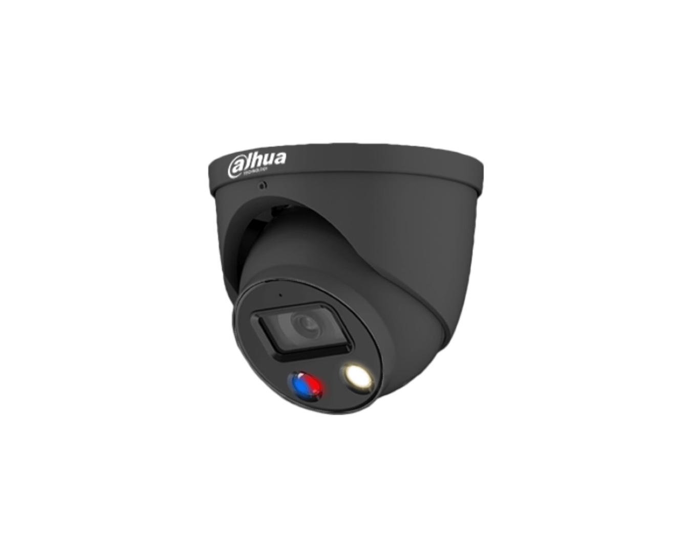 Zwarte Dahua TiOC 8MP dome beveiligingscamera met rood-blauw alarmlicht en 2.8mm lens voor 24/7 kleurenbeeld.