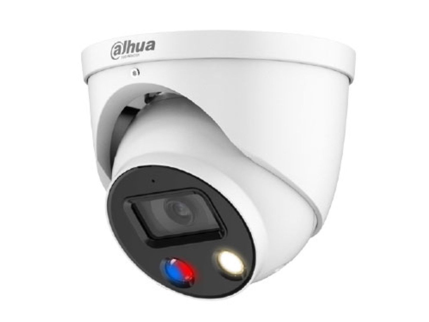 Witte Dahua TiOC dome beveiligingscamera met 8MP lens, rood-blauw alarmlicht en ingebouwde LED-verlichting.