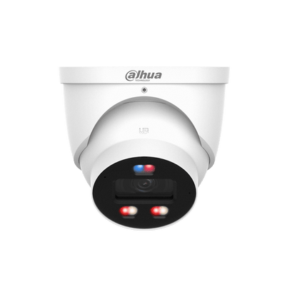 Witte Dahua 8MP dome beveiligingscamera met ingebouwde IR en rode en blauwe waarschuwingsverlichting.