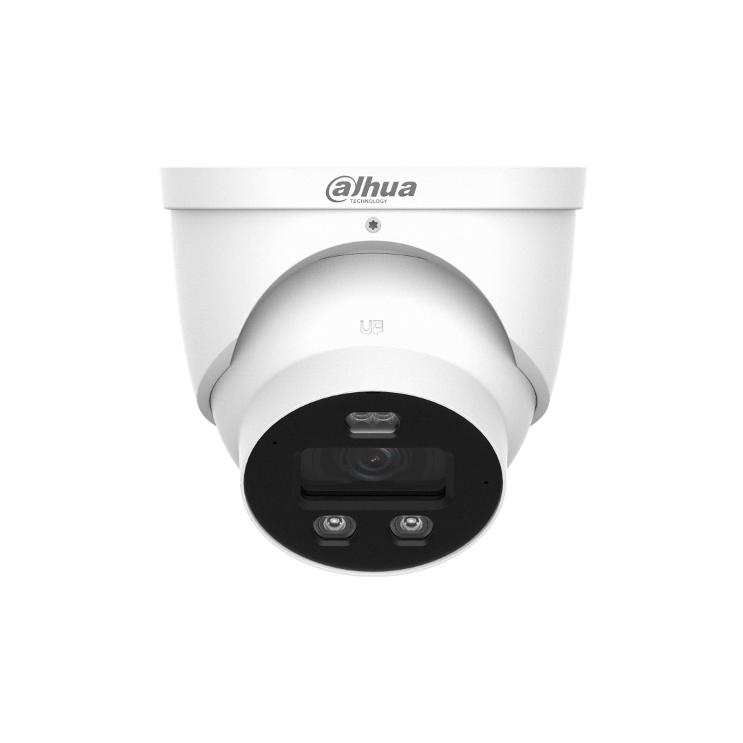 Witte Dahua 8MP turret beveiligingscamera met 2.8mm lens, ingebouwde IR-verlichting en strak modern design.