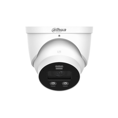 Witte Dahua 8MP turret beveiligingscamera met 2.8mm lens, ingebouwde IR-verlichting en strak modern design.