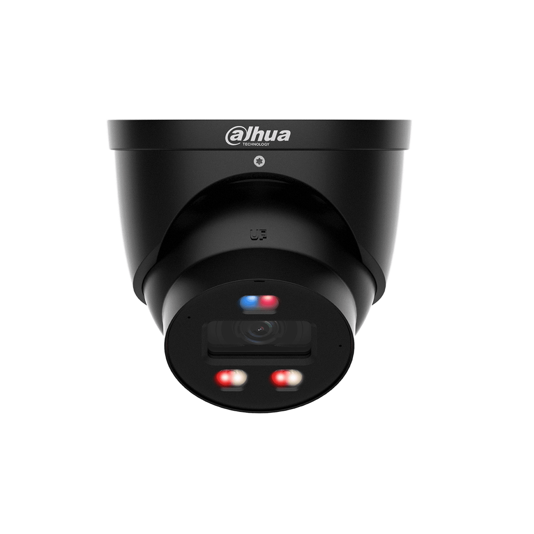 Zwarte Dahua 8MP turret beveiligingscamera met 2.8mm lens en ingebouwde rood-blauwe waarschuwingsverlichting.