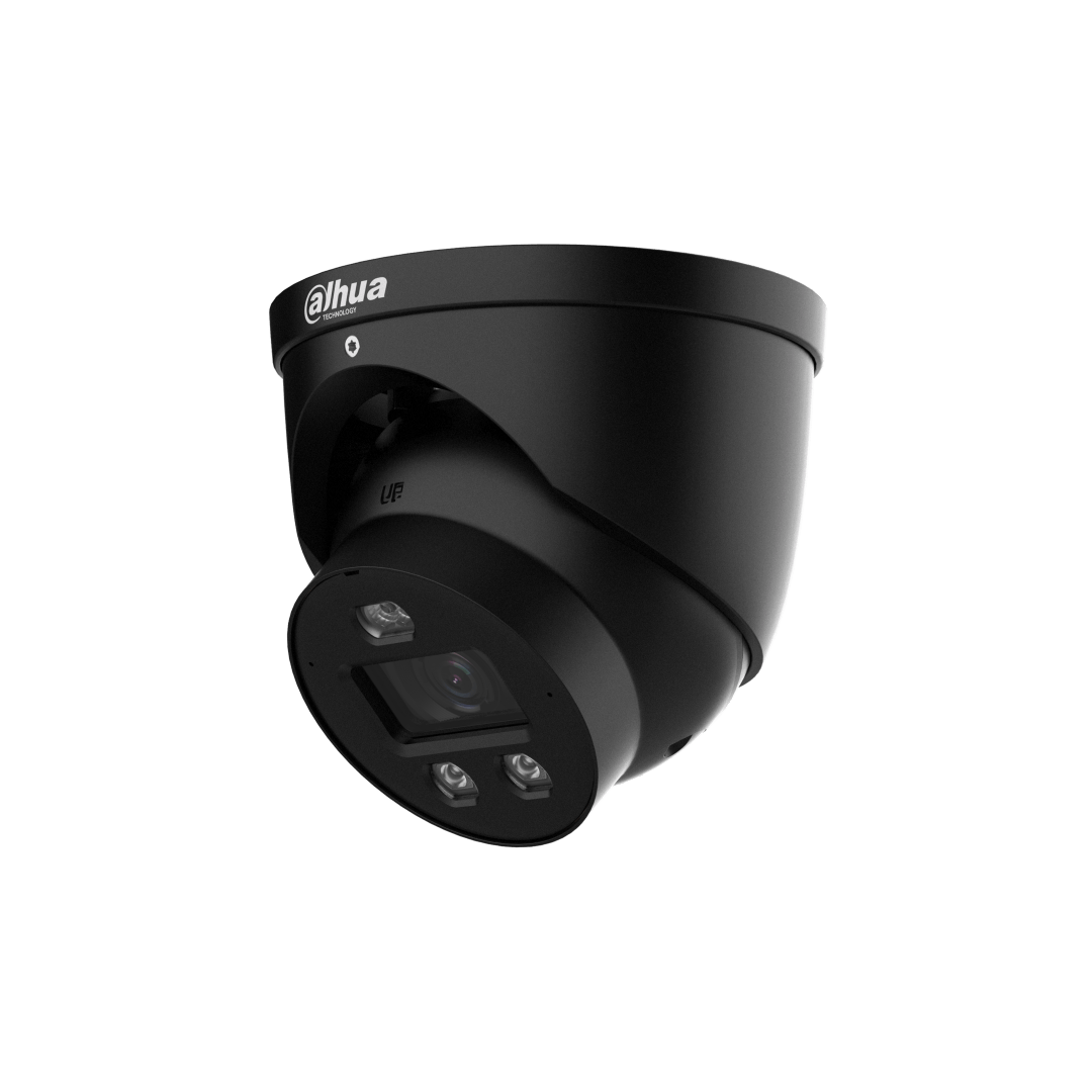 Zwarte Dahua IPC-HDW3849H-AS-PV-PRO 8MP dome beveiligingscamera met ingebouwde verlichting en 2.8mm lens.