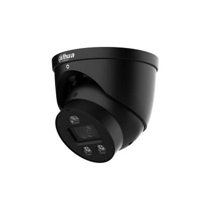Zwarte Dahua IPC-HDW3849H-AS-PV-PRO 8MP dome beveiligingscamera met ingebouwde verlichting en 2.8mm lens.