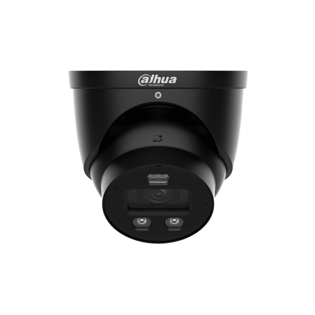 Zwarte Dahua 8MP dome beveiligingscamera met 2.8mm lens, ingebouwde verlichting en strak modern design.