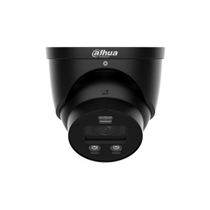 Zwarte Dahua 8MP dome beveiligingscamera met 2.8mm lens, ingebouwde verlichting en strak modern design.