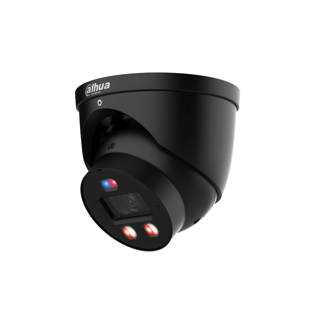Zwarte Dahua 8MP dome beveiligingscamera met 2.8mm lens, ingebouwde verlichting en strak modern design.