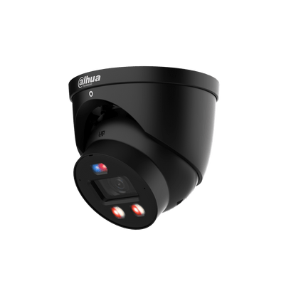 Zwarte Dahua 8MP dome beveiligingscamera met 2.8mm lens, ingebouwde verlichting en strak modern design.