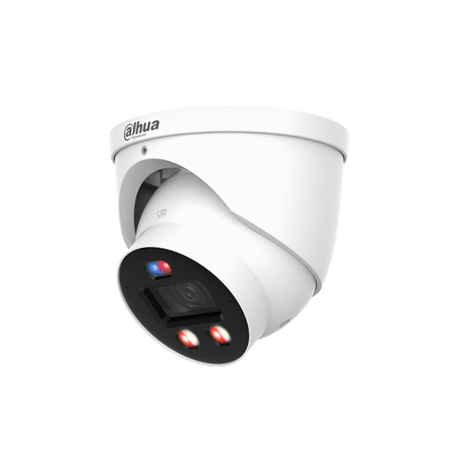 Witte Dahua 8MP dome beveiligingscamera met 2.8mm lens, ingebouwde IR-verlichting en rode waarschuwingslampjes.
