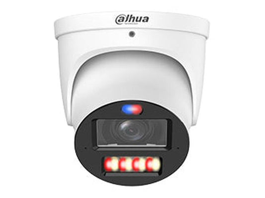 Witte Dahua TiOC PRO 8MP eyeball beveiligingscamera met rood-blauw waarschuwingslicht en vari-focale lens.