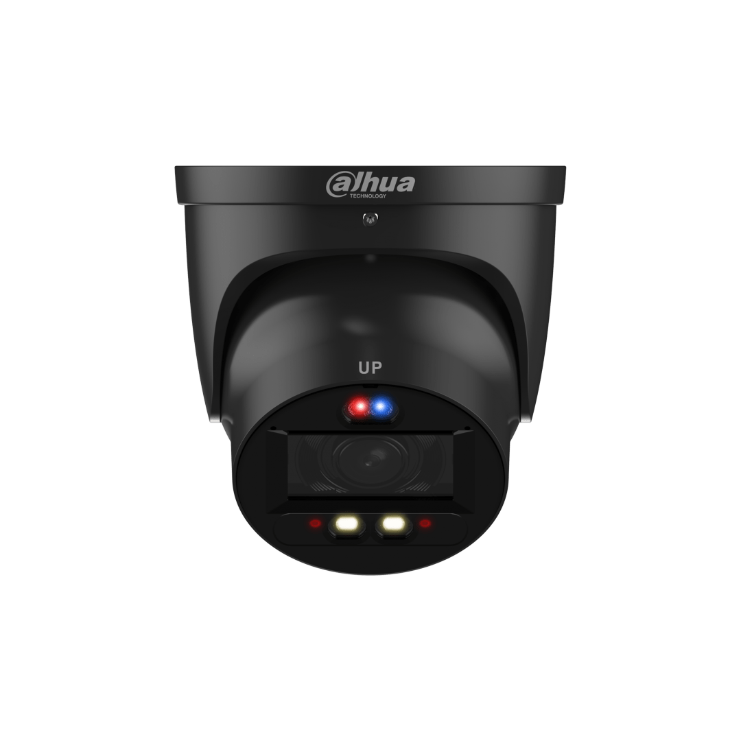 Zwarte Dahua IPC-HDW3849H-ZAS-PV 8MP dome beveiligingscamera met ingebouwde IR-LED en waarschuwingsverlichting.