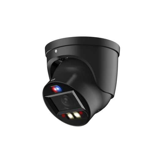 Zwarte Dahua IPC-HDW3849H-ZAS-PV dome beveiligingscamera met ingebouwde IR-verlichting en rood-blauw waarschuwingslicht.