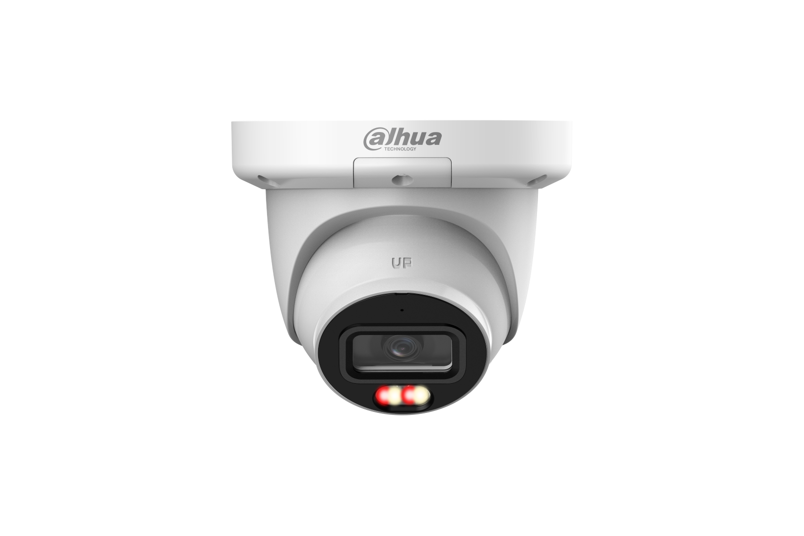 Witte Dahua 8MP dome beveiligingscamera met 2.8mm lens, ingebouwde IR en warmlichtverlichting voor nachtzicht.