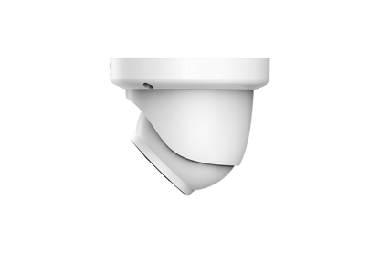 Witte Dahua 8-MP dome beveiligingscamera met 2.8 mm lens voor wand- of plafondmontage op een witte achtergrond.