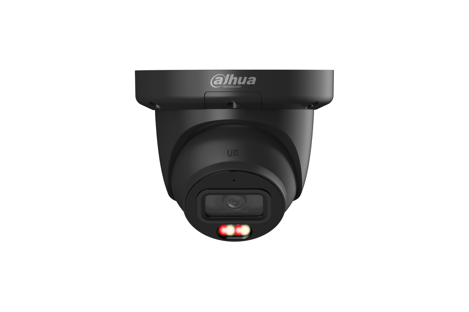 Zwarte Dahua 8MP turret beveiligingscamera met 2.8mm lens, ingebouwde IR- en warmlichtverlichting voor nachtzicht.