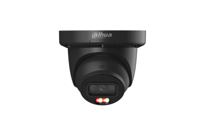 Zwarte Dahua 8MP turret beveiligingscamera met 2.8mm lens, ingebouwde IR- en warmlichtverlichting voor nachtzicht.