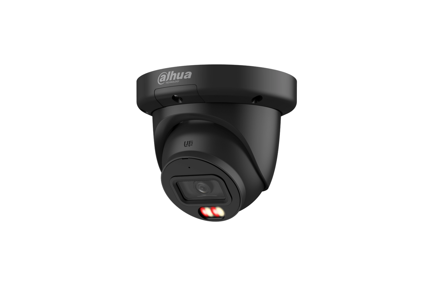 Zwarte Dahua IPC-HDW3849QM-S-IL 8MP dome beveiligingscamera met 2.8mm lens en ingebouwde IR- en warmlichtverlichting.