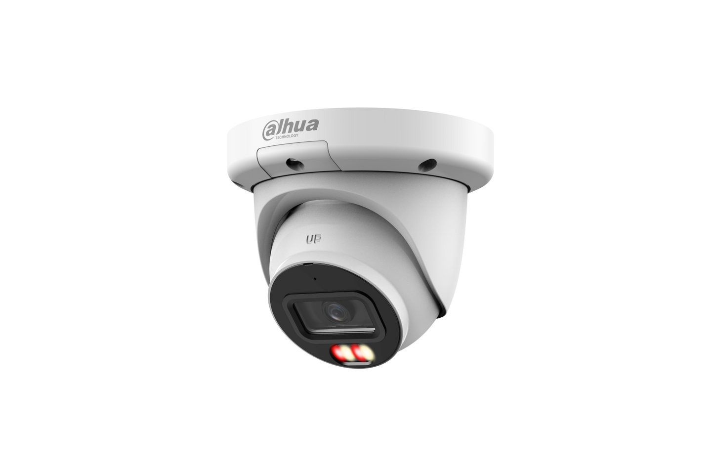 Witte Dahua 8MP dome beveiligingscamera met 2.8mm lens, ingebouwde IR en warmlicht verlichting voor dag en nacht.