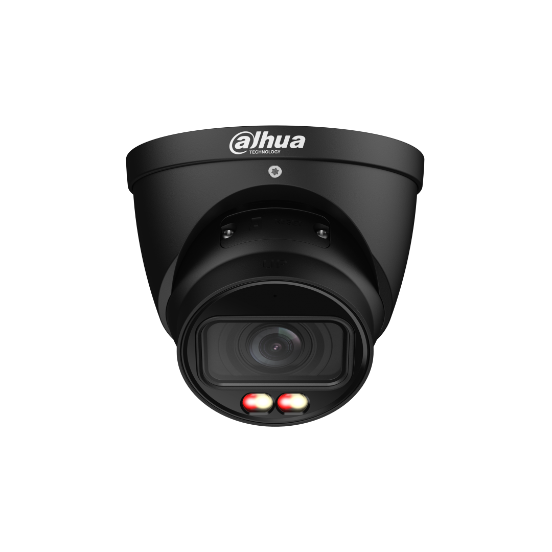 Zwarte Dahua 8MP dome beveiligingscamera met 2.7-13.5mm lens en ingebouwde IR- en warmlichtverlichting.