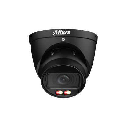 Zwarte Dahua 8MP dome beveiligingscamera met 2.7-13.5mm lens en ingebouwde IR- en warmlichtverlichting.