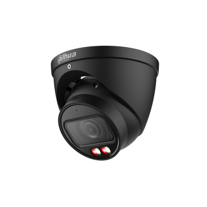 Zwarte Dahua IPC-HDW3849T-ZS-IL 8MP dome beveiligingscamera met varifocale lens en ingebouwde IR-verlichting.