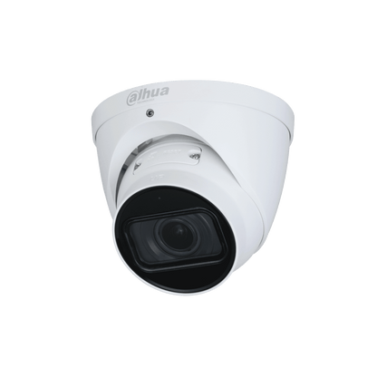 Witte Dahua IPC-HDW5241T-ZE dome beveiligingscamera met zwarte lens en robuuste behuizing voor buitenmontage.