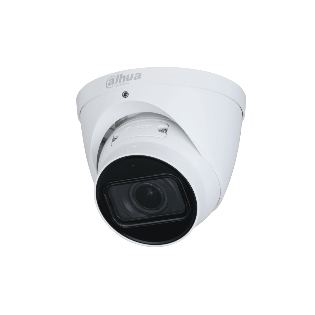 Witte Dahua IPC-HDW5442T-ZE dome beveiligingscamera met 4MP lens en strak design voor wand- of plafondmontage.