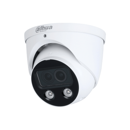 Witte Dahua IPC-HDW5449H-ASE-D2 4MP domecamera met dubbele lens en ingebouwde LED-verlichting voor nachtzicht.