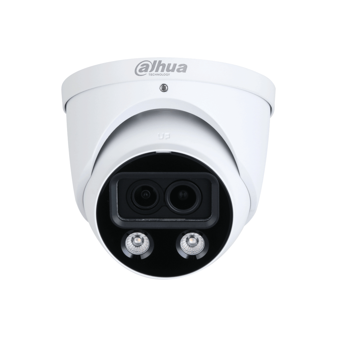 Witte Dahua WizMind domecamera met dubbele lens, multispectrale sensoren en ingebouwde LED-verlichting voor nachtzicht.