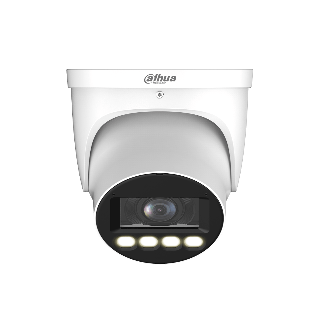 Witte Dahua WizMind 5-serie domecamera met full-color lens en ingebouwde LED-verlichting voor nachtzicht.