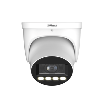 Witte Dahua WizMind 5-serie domecamera met full-color lens en ingebouwde LED-verlichting voor nachtzicht.