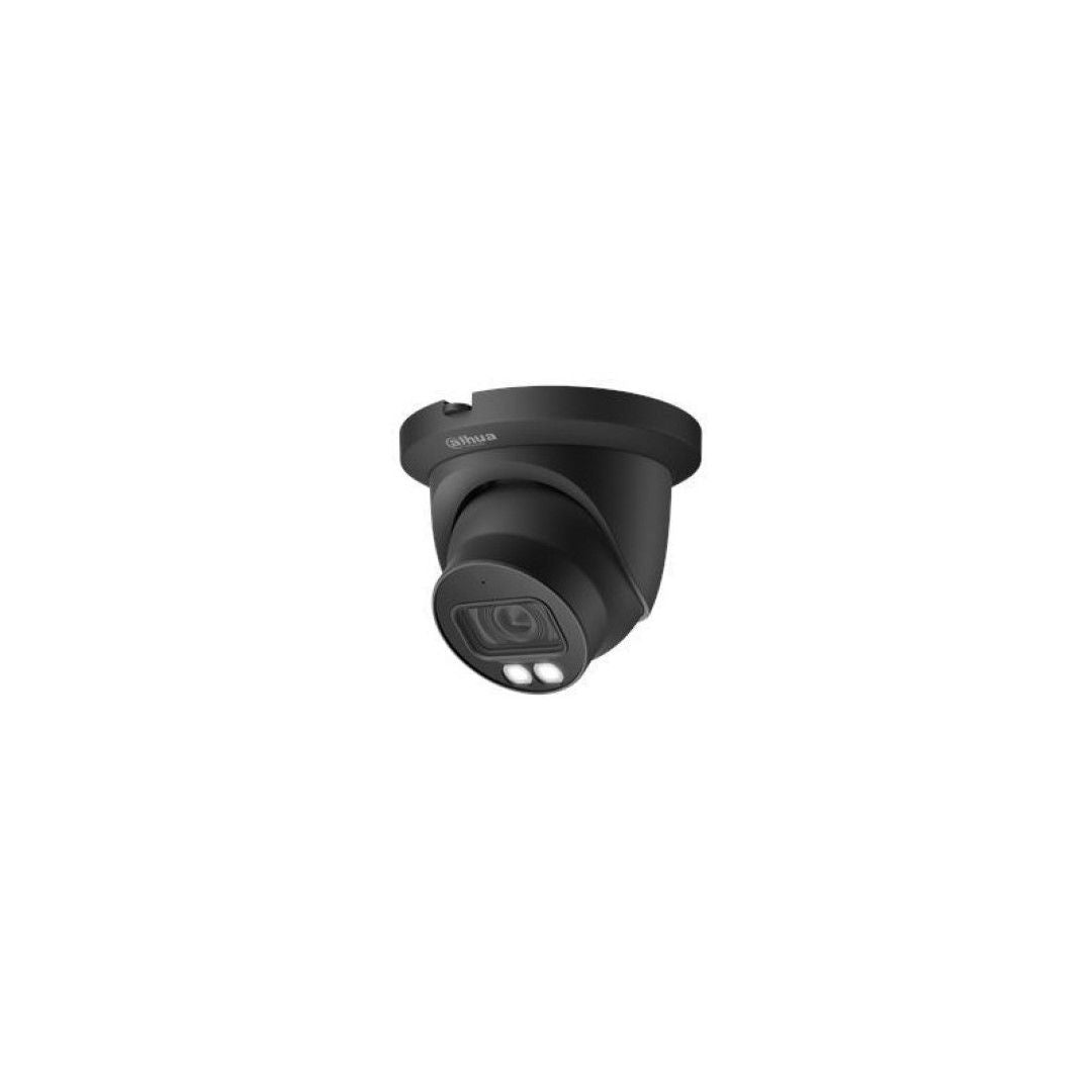 Zwarte Dahua IPC-HDW5449TM-SE-LED dome beveiligingscamera met ingebouwde warme LED-verlichting.