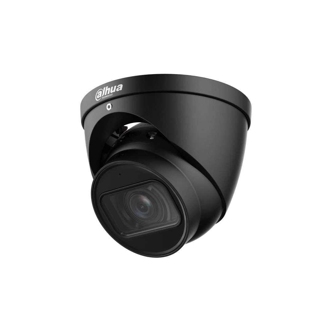 Zwarte Dahua IPC-HDW5842T-ZE 8MP dome beveiligingscamera met robuust design en geïntegreerde lens voor buitenmontage.