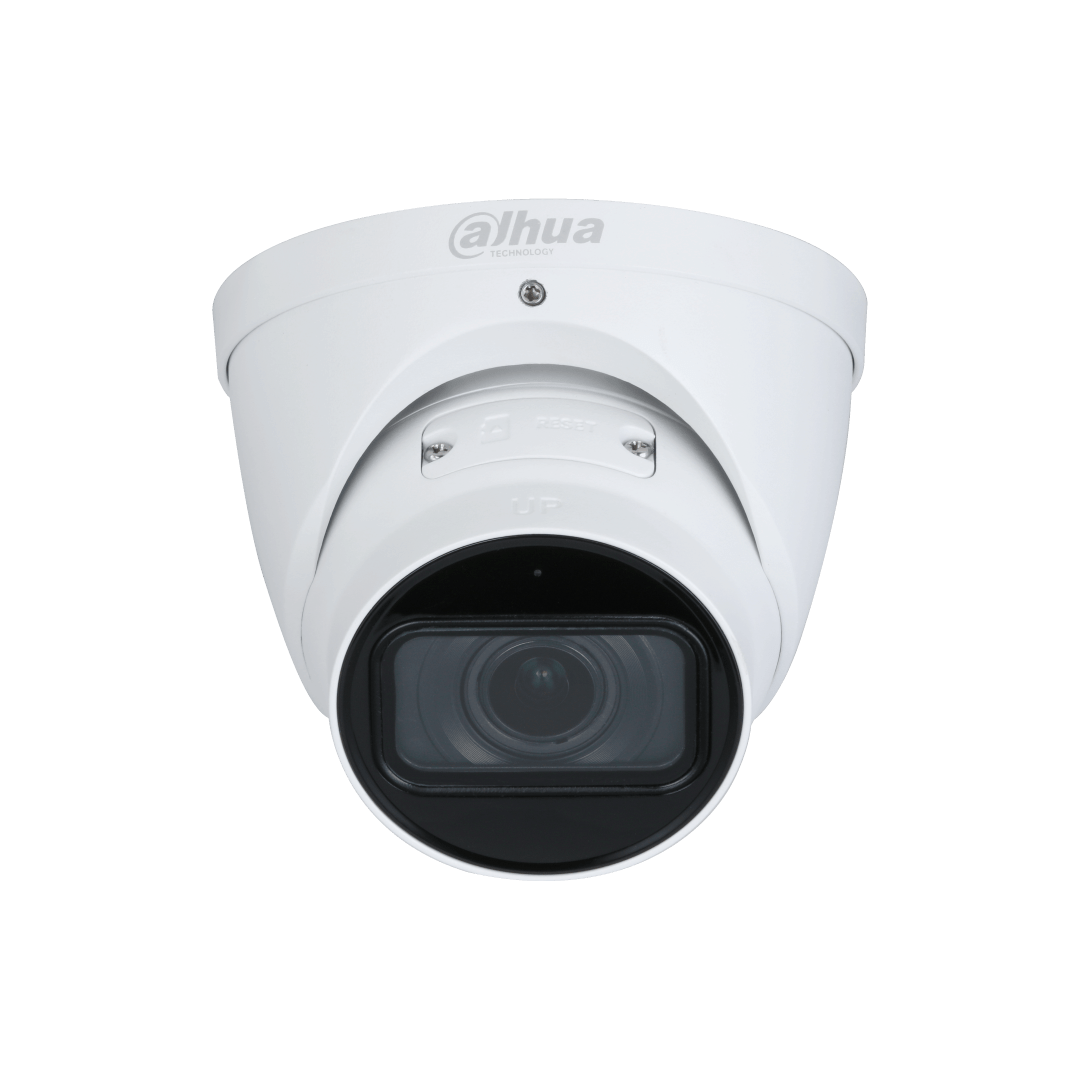 Witte Dahua IPC-HDW5842T-ZE 8MP dome beveiligingscamera met infraroodlens en robuuste behuizing voor buiten.