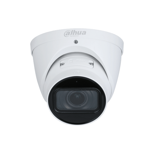Witte Dahua IPC-HDW5842T-ZE 8MP dome beveiligingscamera met infraroodlens en robuuste behuizing voor buiten.