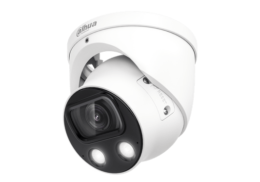 Witte Dahua WizMind 8 MP dome-beveiligingscamera met full-colour lens en ingebouwde LED-verlichting voor nachtzicht.