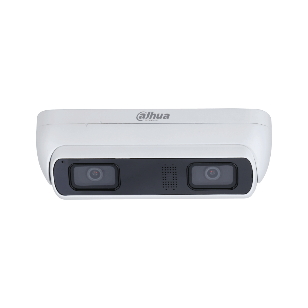 Witte Dahua WizMind dual-lens beveiligingscamera met twee lenzen en ingebouwde luidspreker in een robuuste behuizing.