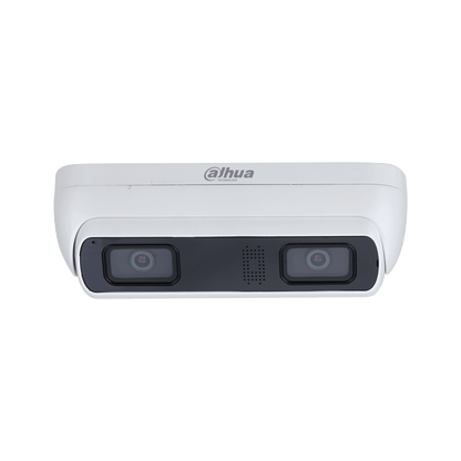 Witte Dahua WizMind dual-lens beveiligingscamera met twee lenzen en ingebouwde luidspreker in een robuuste behuizing.