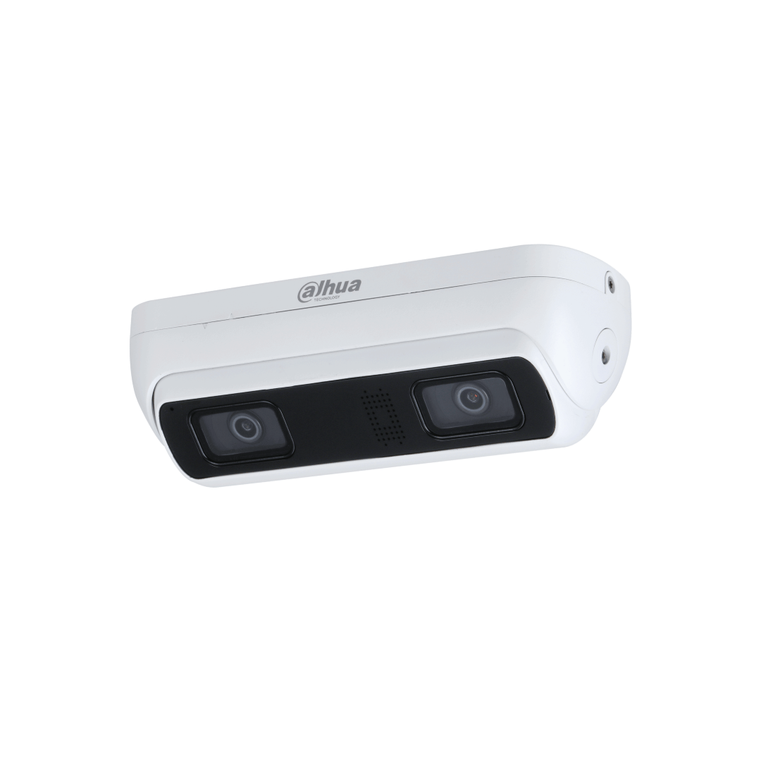 Witte Dahua WizMind dual-lens netwerkcamera met twee lenzen en ingebouwde microfoon in een robuuste behuizing.