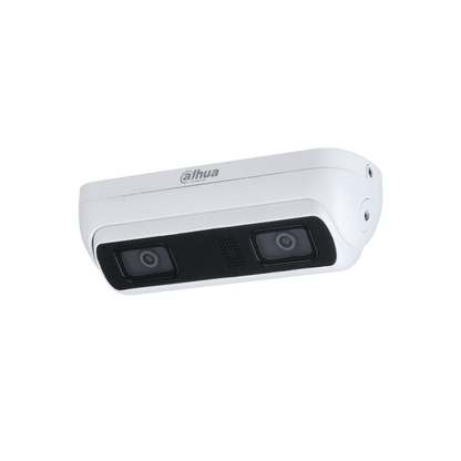 Witte Dahua WizMind dual-lens netwerkcamera met twee lenzen en ingebouwde microfoon in een robuuste behuizing.