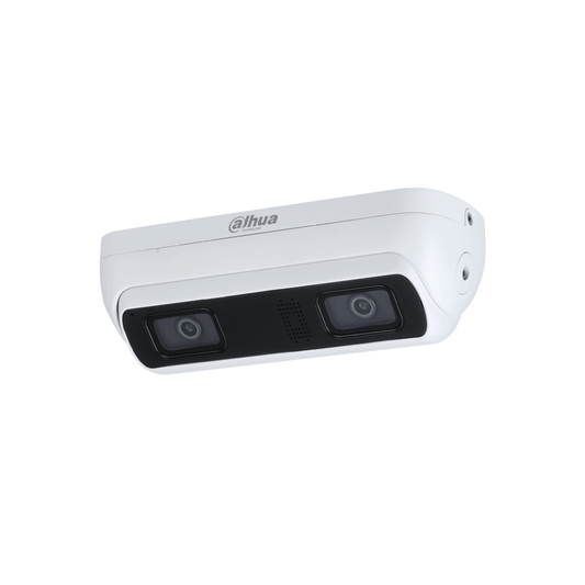 Witte Dahua WizMind dual-lens netwerkcamera met twee lenzen en ingebouwde microfoon in een robuuste behuizing.