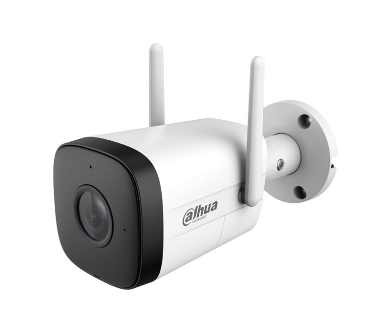 Witte Dahua IPC-HFW1430DT-STW Wi-Fi bullet camera met twee antennes, zwarte lensbehuizing en muurbevestigingsvoet.